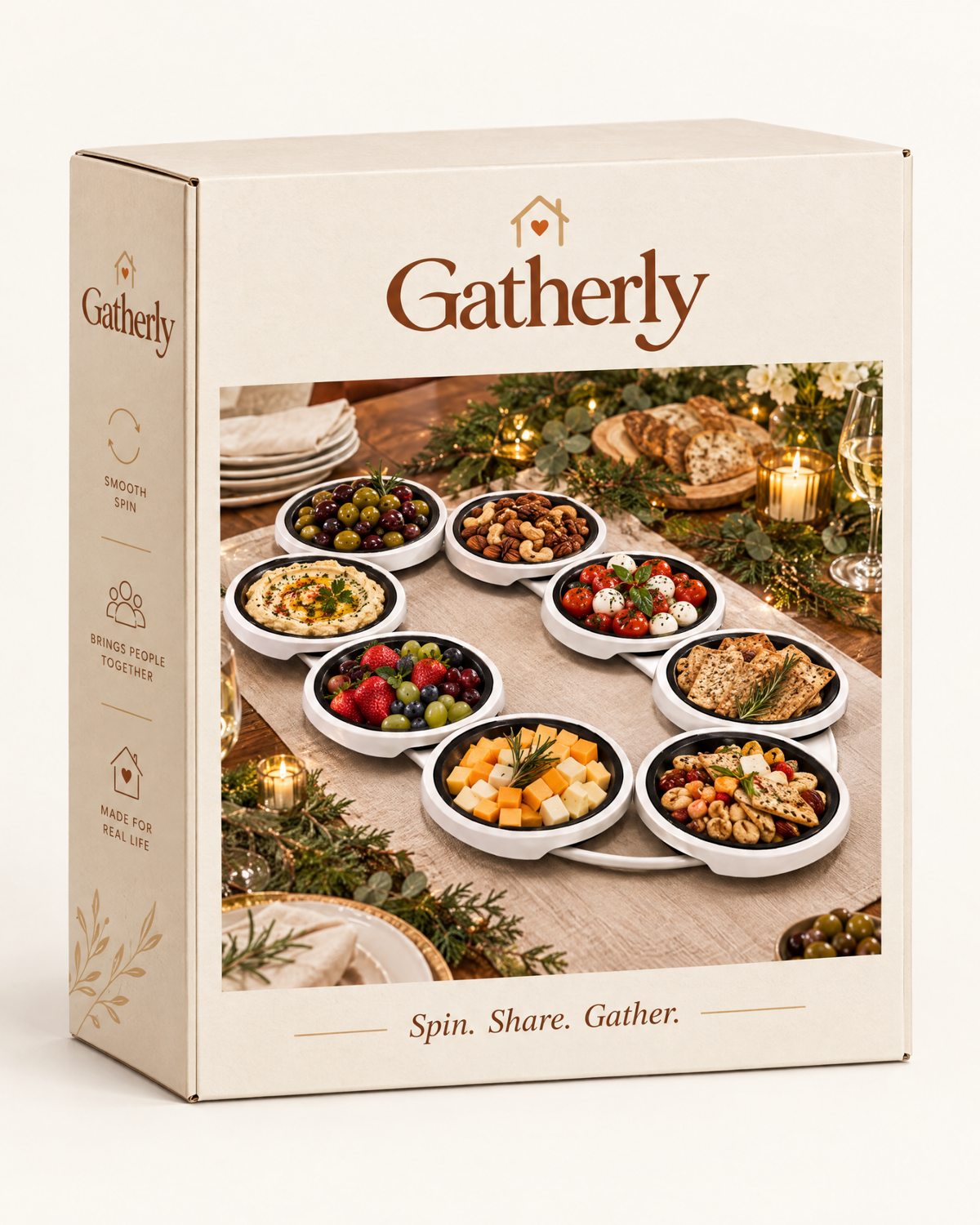 Gatherly cream product packaging with Spin. Share. Gather. branding